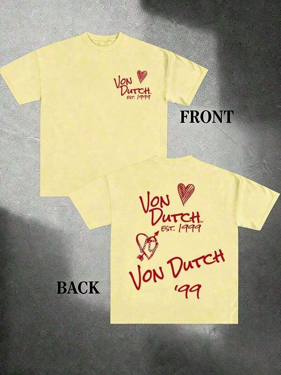 Summer1pcs Women's Double-Sided Printing Von Dutchh Heart Logo With Key And Year 1999 Fabric Soft & Skin-Friendly Unisex Style Gifts For Spring Festival, Valentine's Day, St. Patrick's Day & World Cup-Van Dutch Dragon Print Women T Shirt Classic Americana Style Graphic Tee,Summer Fits,Vacation Fits Women,Summer Fits For Women,Spring Fits For Women,Summer Tops,St Pattys Day Fit,Easter Fit WomenLoose And Comfortabletops For Women - Yellow - View 1