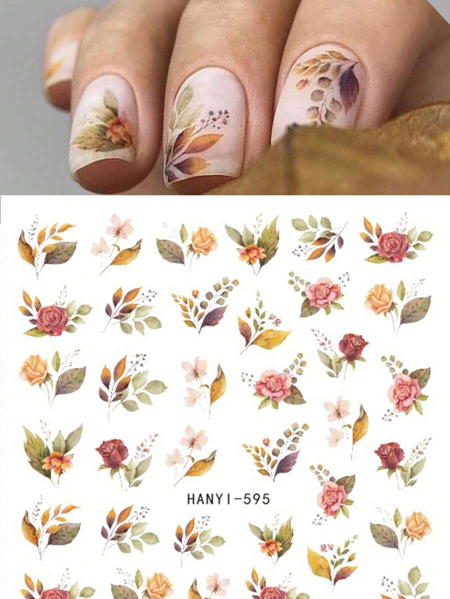 1pc Dried Blooming Red & Yellow Rose Gold Leaf Self-Adhesive 2D Nail Art Sticker Decoration - Watermelon Pink - View 1