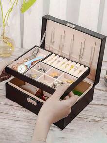 1pc Large Capacity PU Leather Jewelry Box, Lockable Jewelry Organizer Suitable For Women And Girls, Soft Lining Also Suitable For Men's Jewelry, Can Store Rings, Pendants, Earrings, Necklaces, Bracelets, Watches, Lipsticks, Nail Care Items, Perfect For Organizing Various Jewelry, Modern Style, Ideal Gift For Women, Mothers And Teachers. - Jewelry Box - View 14