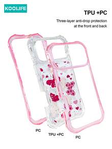 Koolife 1pc Pink Frame Heart & Butterfly Print 3-In-1 Anti-Drop Phone Case, TPU+PC Shockproof Protective Cover, 3-Layer Reinforced Protection, Sweet Pattern Perfect Gift For Women, Compatible With Apple17/17pro/17promax - Pink - View 2