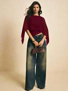 Blusa casual con cuello chal marrón para mujer, blusas elegantes para mujer, blusas casuales para mujer, apropiada para uso diario, salir, ir y venir en otoño/invierno, blusa de manga de murciélago, blusa marrón café, blusa marrón oscuro - Burdeos - Ver 2