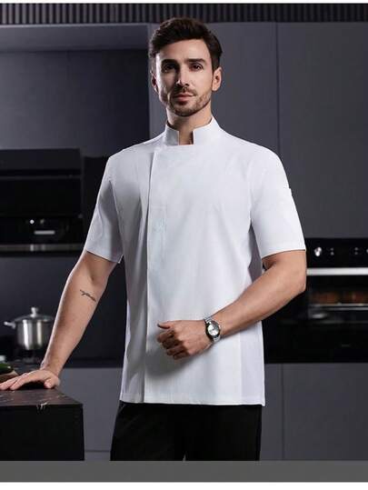 Nuevo uniforme de chef personalizado unisex de manga corta, espalda de malla transpirable, de alta gama para hotel, restaurante occidental, panadería, cafetería, floristería, tienda de barbacoa, tienda de comida rápida, diseño personalizado, elegante, diseño de bolsillo para guardar artículos pequeños