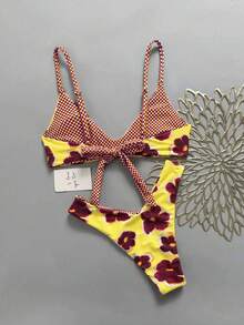Glückliches Mädchen Damen umkehrbarer Karomuster & Blume Muster Bindetop Bikini-Set, Strand Urlaub - Gelb - Übersicht 2