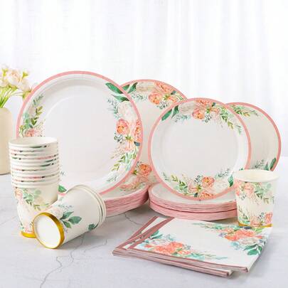 Bộ đồ dùng ăn uống dùng một lần họa tiết hoa màu nước, gồm đĩa giấy 9 inch và 7 inch, cốc giấy 9oz, khăn ăn, bộ đồ ăn in hình hoa mẫu đơn và hoa hồng màu hồng, thích hợp cho tiệc cưới, tiệc vườn, tiệc trà, họp mặt mùa xuân, tiệc brunch, tiệc cưới.
