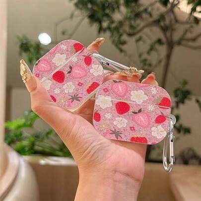 水晶亮片草莓印花保护壳，兼容苹果无线充电盒，防刮防摔