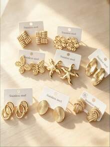 2/4 Pairs Gold Stainless Steel Fashion Geometric Oval/Leaf Shell Hollow Earrings For Women, High Quality Hypoallergenic Daily Wear Ear Jewelry, Gold Earrings - Gold - View 14