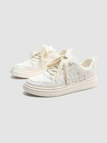 1 đôi giày thể thao Jifffly kiểu ván trượt, chống trượt, bền chắc, unisex, chất liệu da tổng hợp, có logo dập nổi, đế dày, kiểu dáng thấp cổ, màu trắng ngà. - màu trắng ngà - Xem 17