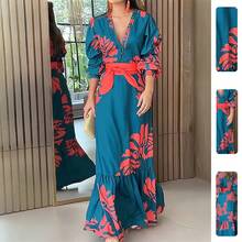 2026 Spring New Women's Clothing: Cross-Border European And American Dress, Fashionable Slim-Waisted Printed Tie-Waist Long Dress - 圖片色 - 查看 2