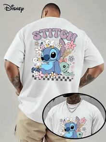 (Disney Licensed)Disney Lilo & Stitch "STITCH" Floral And Checkerboard Cute Duckies Front And Back Print Men's Oversized Crew Neck Short Sleeve Graphic T-Shirt, Sweet Pastel Casual Streetwear Tee For Men Summer Daily Wear, Disney Officially Authorized Men's Short-Sleeved T-Shirts, Mens Clothes, Men, Ropa De Hombre, Summer Clothes, Men Shirts, Graphic Tees, Disney Outfits Men, Graphic Tees, Camisetas Para Hombre, Camisas Para Hombre, Summer Outfits For Men, Father's Day Gift, Perfect Gift For Family And Friends, Which Are Necessary For Birthday Parties, Disney Shirts, Mens Clothes, Summer Clothes, Officially Licensed Disney T-Shirts, Disney Men's And Women's Spring/Summer Fashion Casual Short-Sleeve T-Shirts - 白色 - 查看 1