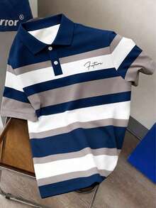 男童经典复古撞色条纹短袖polo衫，休闲日常穿着，春夏款 - 藍色 - 查看 2