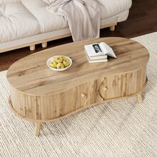 Pea-Shaped Coffee Table With Grooved Pattern, 2 Sliding Doors, Living Room Table, Wood Look, Solid Wood Legs, MDF Material - Natural Wood Color - View 2