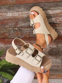 Thick Sole Sandals For Women With Metal Buckle, Wedge Heel Lace-Up Roman Shoes, Retro Casual Outdoor Beach Shoes, Non-Slip Platform Sandals, Multiple Colors Available, Plus Size Slimming Versatile Women Shoes - Khaki - View 2