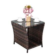 Small Garden Table, Rattan Patio Table With Glass Top & Shelf Under, Weatherproof For Indoor Outdoor, 46x46x50cm Brown - 棕色 - 查看 7