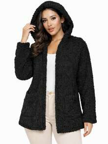 Women's Teddy Animal Print Hooded Jacket – Leopard Style With Fur Pockets - Everyday Wear - màu đen - Xem 1