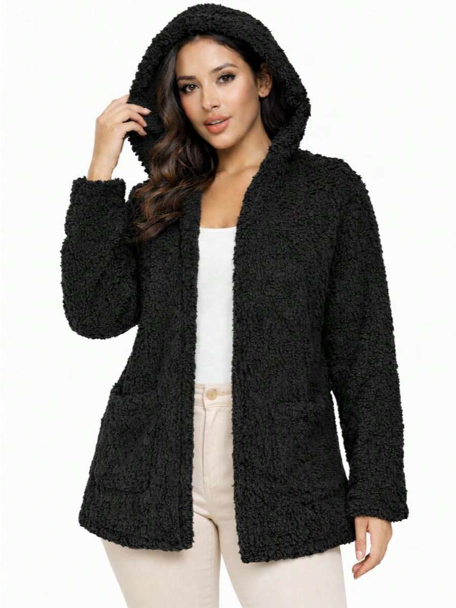 Women's Teddy Animal Print Hooded Jacket – Leopard Style With Fur Pockets - Everyday Wear - màu đen - Xem 1