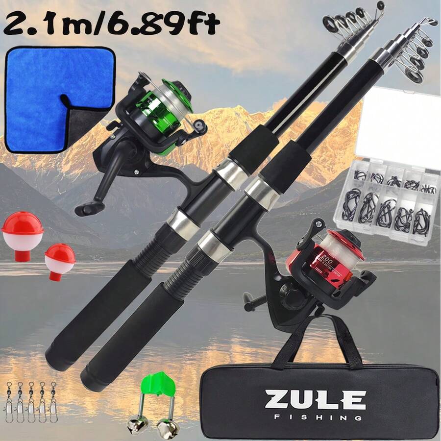 2.1m Fishing Rod And Reel Combo Set, Includes Fishing Reel With Line, Fishing Towel, Fishing Hooks And Other Fishing Accessories, Ready-To-Fish Kit Suitable For Travel And Outdoor Adventure - Black - View 1