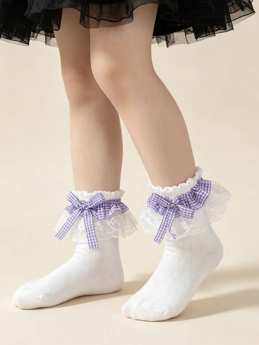 1 Pair Cotton Children's Lace Plaid Bow Ruffle Dance Princess Fashion Versatile Party Socks - Purple - View 1