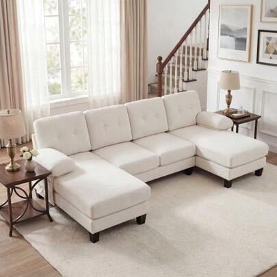 4-Seater U-Shaped Sofa With Chaise Longue, Modern Chenille Upholstered Sofa, Sleeper Sofa With Adjustable Backrest, Guest Sofa For Living Room & Office, Beige