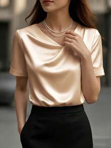1pc Women V-Neck Solid Color Blouse Summer - Champagne - View 3