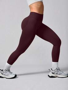 1pc Women's Solid Color Ribbed High Waist Seamless Elastic Outdoor Sports Pants - Burgundy - View 7