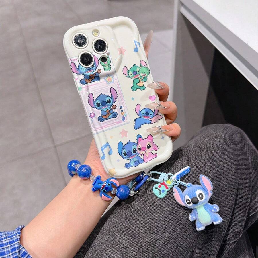 Disney Has Authorized, Phone Case - Chain Set, The Stitch Lilo & Stitch Phone Case Plus A Silicone 3D Or Fluffy Style Stitch Bracelet With Metallic Ring Removable Bracelet, Stitch And Angel Pattern, Compatible With Iphone 17/16/15/14/13/12/11/XS/XR/X Plus Pro Max, Wavy Design Phone Case For Girl, A Stylish Cartoon Summer Phone Case, The Perfect Gift Choice, Phone Protection, Durable Phone Cover, Great Gift For Friends And Family - Kiểu trắng B - Xem 1