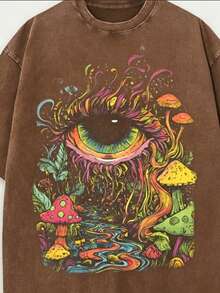 Summer Tops Men's  Eye And Mushroom Forest Pattern T-Shirt - Oversized Vintage Washed 100% Cotton T-Shirt, Vibrant 60s/70s Retro Print, Ultra-Soft And Breathable Fabric, Hip-Hop Street Style, Suitable For Festival Rave Outfits And Everyday Casual Wear - Magic Forest Loose And Comfortable Summer Clothes Spring Outfits For Women - 咖啡棕 - 查看 1