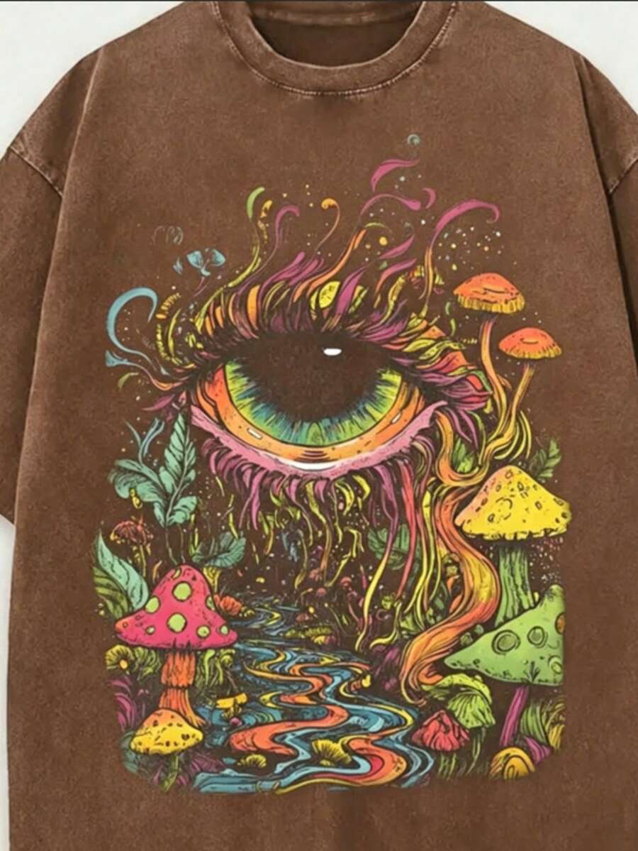 Summer Tops Men's Eye And Mushroom Forest Pattern T-Shirt - Oversized Vintage Washed 100% Cotton T-Shirt, Vibrant 60s/70s Retro Print, Ultra-Soft And Breathable Fabric, Hip-Hop Street Style, Suitable For Festival Rave Outfits And Everyday Casual Wear - Magic Forest Loose And Comfortable Summer Clothes Spring Outfits For Women - 咖啡棕 - 查看 1