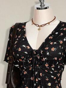 ICON Vestido floral de manga corta y ajuste delgado para mujer de talla grande, vestido floral, ropa de vuelta a la escuela, vestido de graduación - Negro - Ver 5