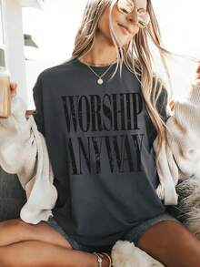 Wedding Season Must-Have, Festival Essential, Worship Anyway Distressed Vintage Christian Faith Inspired T-Shirt, Beach Outfits, Boho Womens Clothing, Business Casual Woman, Summer Outfits - 深灰色 - 查看 3