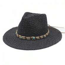 Women Straw Cowgirl Hat Decorative Bead Rope Western Hat Outdoor Beach Hat Holiday Summer Sun Cap - Black - View 6