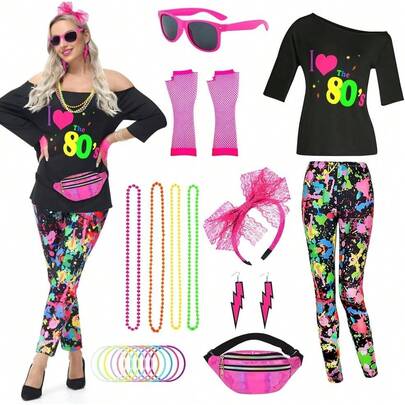 80s Fancy Dress For Women, 80s Costume Outfit With 80s Neon Accessories, 1980s T Shirt Pantalon Fanny Pack, 80s Disco Fancy Dress, 80's Vintage Hippie Costume For Carnival Party