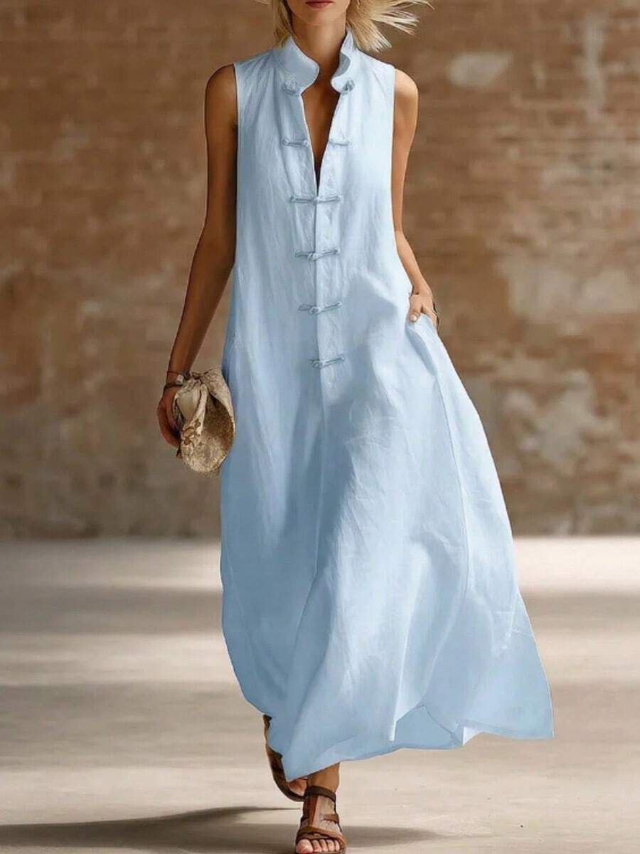 2026 New European And American Fashion Stand Collar Frog Button Loose Linen Cotton Long Dress - Sky Blue - View 1