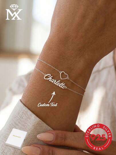 Fashionable And Elegant Double-Layer Hollow 925 Silver Bracelet, Customizable With English Name, High-Quality Women's Jewelry Accessory, Handmade Jewelry Gift Suitable For Valentine's Day, Birthday, And Graduation Ceremony