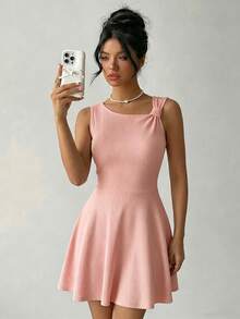 1pc Solid Color Casual Elegant Ribbed Knit Dress, Suitable For Party, Date Night, Beach Pink Summer - Pink - View 3