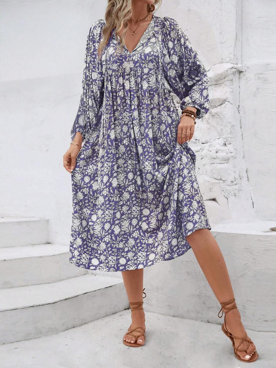 Bohemian Style Casual Loose Drawstring Round Neck Ditsy Floral Dress, European And American Women's Vacation Beach Dress Elegant - Blue - View 1
