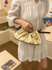 女士手提包，褶皱云朵设计，优雅女士精致奢华金属链条肩带，适合购物、约会、派对等场合，金色 - 金色 - 查看 7