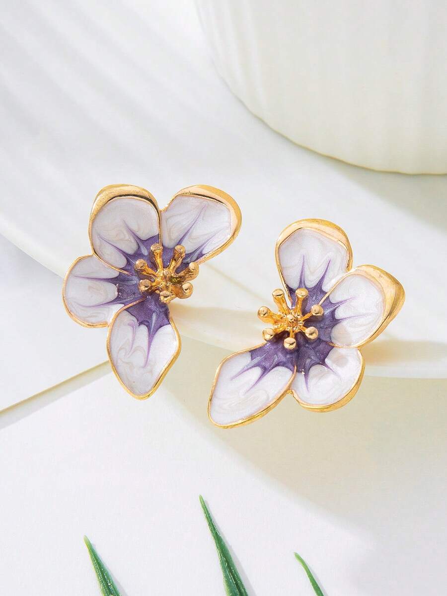1 Pair Elegant French Retro Versatile Handmade Enamel Gradient Purple & White Half Flower Stud Earrings, Suitable For Beach, Date, Travel, Best Gift For Girlfriend - Multicolor - View 1