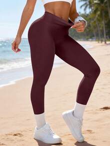 1pc Women's Solid Color Ribbed High Waist Seamless Elastic Outdoor Sports Pants - Burgundy - View 2