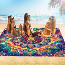 1pc Extra Large Mandala Quick-Dry Beach Blanket, Suitable For 1-3 Adults - Lightweight & Durable Polyester Fabric - Perfect For Travel, Camping, Hiking And Leisure Beach Time, Beach Mat, Camping Ground Cover - Purple and Blue Color-blocked Mandala - View 1