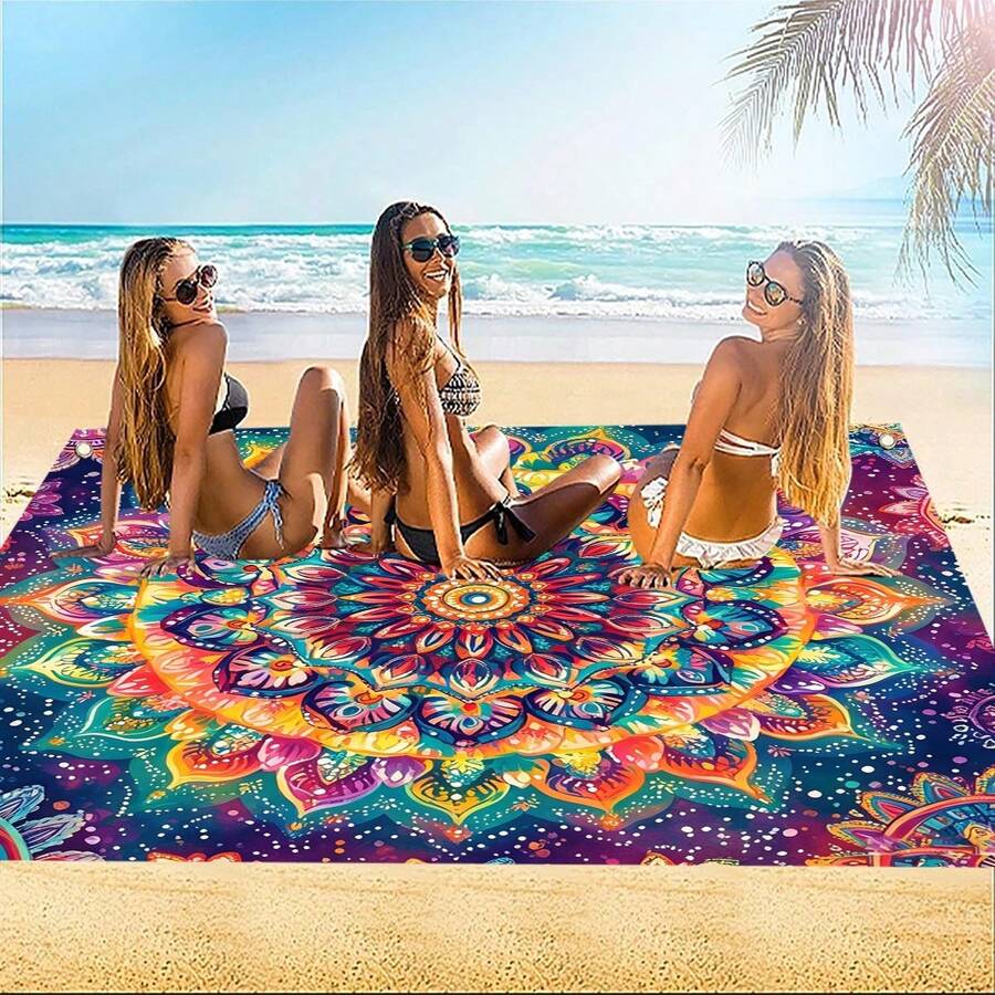 1pc Extra Large Mandala Quick-Dry Beach Blanket, Suitable For 1-3 Adults - Lightweight & Durable Polyester Fabric - Perfect For Travel, Camping, Hiking And Leisure Beach Time, Beach Mat, Camping Ground Cover - Purple and Blue Color-blocked Mandala - View 1