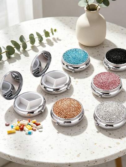 1pc Round Small Pill Box, Multi-Color Sparkling Golden Pill Case, Portable Daily Travel Pill Box, Rhinestone Pill Box, Moisture-Proof Small Medicine Box, Travel Outdoor Crystal Medicine Storage Case, Multi-Functional Storage Box For Vitamins,Multi-Functional Vitamin And Health Product Storage Box, Ideal Gift, Waterproof Personal Pill Organizer.