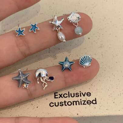 一对不对称海星贝壳耳环，百搭耳坠，奢华个性化设计，适合日常佩戴，礼品之选。