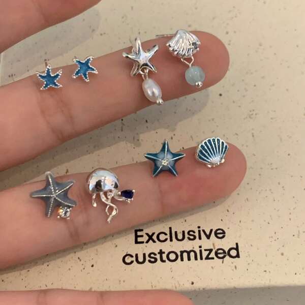 1 Pair Asymmetric Starfish & Shell Earrings, Versatile Eardrops, Luxury Personalized Design, Suitable For Daily Wear, Gift