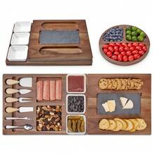 Juego de 19 piezas de bandeja de charcutería y tabla de quesos de madera de acacia – Cuchillos magnéticos, cuencos, cubiertos de acero inoxidable, bandeja de servir de mármol, gran tabla de quesos grabada – Ideal para reuniones, regalo, boda - Ver 4