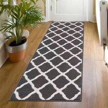 [Moroccan Trellis Long Runner Mat] Soft Textured Polypropylene Moroccan Trellis Long Runner Mat - Non-Slip, Washable, Elegant Black & White Design - Bathroom Mat For Hallway, Kitchen, Entryway - 5 - View 3