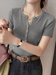 French Elegant Metal Half-Button V-Neck Short Sleeve Knit Top, Spring/Summer Design Sense Slim Fit Chic Versatile Tee For Women - Grey - View 7