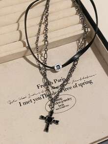 1pc Premium Vintage Distressed Cross Necklace Choker Collar Dark Punk Style Clavicle Chain For Women Daily Wear - Black - View 5