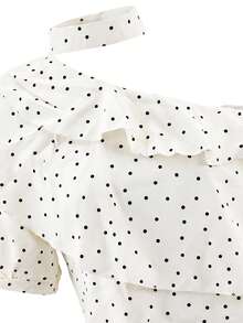 French Elegant Ruffle Asymmetrical Shoulder Short Sleeve Chiffon Top, Unique Design Summer Top For Women White - White - View 8