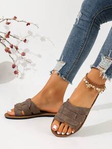 Ximi Ruo Korean Style Casual Flat Slippers For Women, Open Toe, Woven Roman Sandals, Suitable For Spring, Summer, Beach, Vacation, Pair With Dresses, Beige - Coffee Brown - View 2