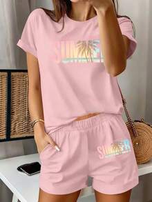 1pcs2pcs/Summer Endless, Tropical Style Women's Summer Fashion Versatile Refreshing Printed Design Round Neck Short Sleeve Shorts Set With Pockets Casual Outfit Soft Summer Outfits For Women Two Piece Set Women - hồng - Xem 8